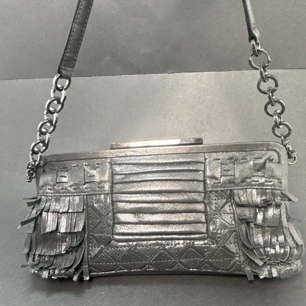 David & Scotti Metallic Gray Shoulder Fringe Metal Handle Handbag Purse w Mirror